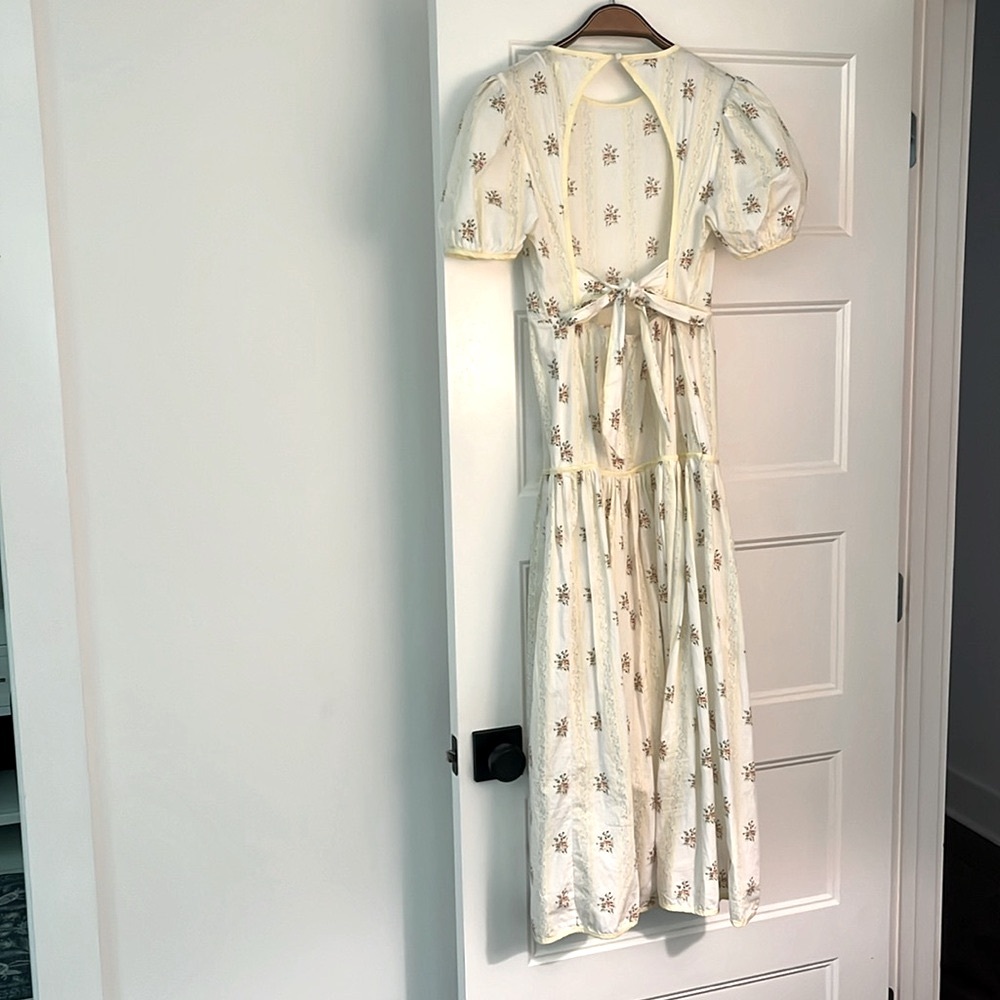 Beautiful White Yellow Flower Midi Dress open back with tie Bow.
